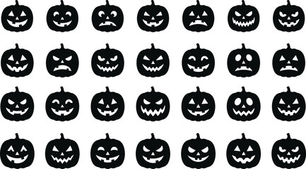 Collection of halloween pumpkin faces, various jack-o'-lantern expressions in black and white © Mofajjol