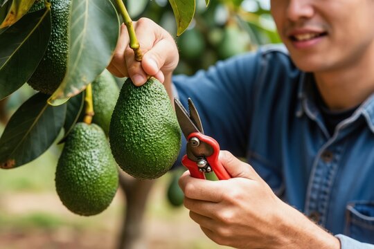 Man farmer cuts ripe avocados from tree branch with secateurs. He smiles while harvesting fresh green fruit on sunny day. Healthy food cultivation on farm.