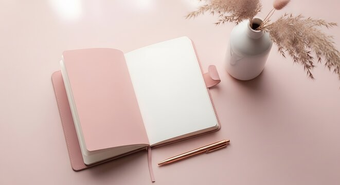 Feminine pastel pink workspace flatlay with open notebook and dried flowers for beautiful lifestyle blogging