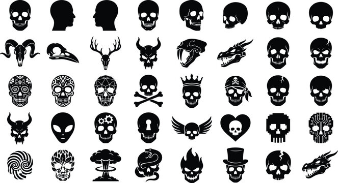 Set of black skull silhouettes and various head icons isolated on white background vector design