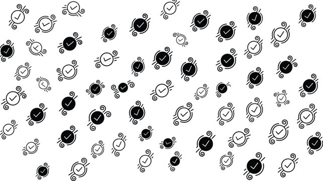 Scattered Air Quality Check Icon Set with Clean Flow Symbols and Approval Tick Marks in Black and White Vector Illustration Collection