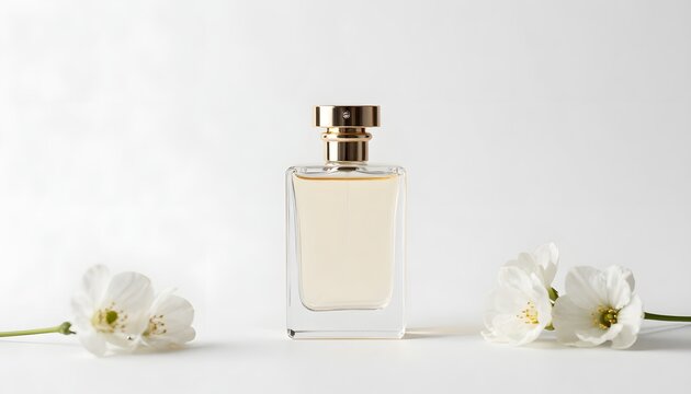 Luxury perfume bottle mockup with white flowers on clean background