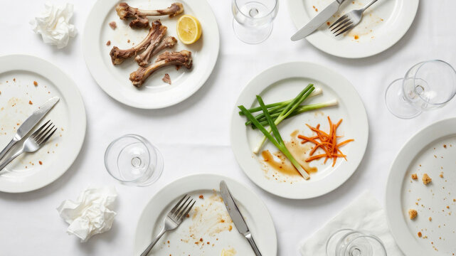 Messy dining table dinner leftover plate glass cutlery napkin white tablecloth after meal.. Messy dining table mess scrap, clutter, chaos cleanup waste dirty