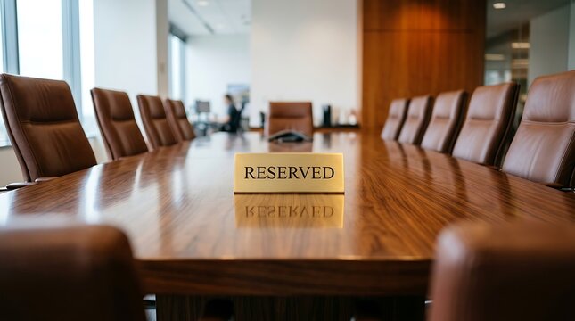 A long wooden conference table with reserved sign and brown leather chairs around