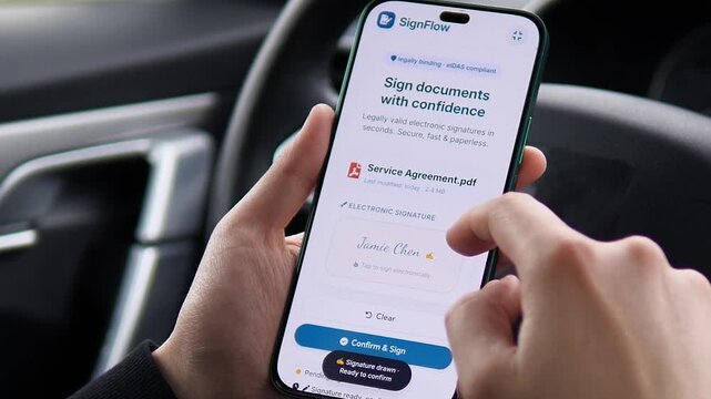 Close-up of digital signature process on mobile. User signs a contract and gets an instant success alert. Showcases secure, paperless, and legally binding e-signatures. Ideal for legal tech and
