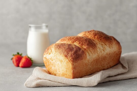 A freshlybaked loaf of sourdough bread sitting atop a clothcovered table accompanied by a glass of milk and two strawberries. the background of the is a wall.