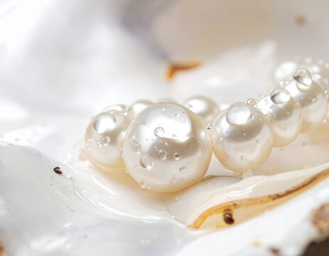 Extreme close-up of luminous white pearls with water droplets nestled within a textured oyster shell 