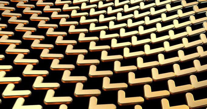 Abstract 3D animation of glossy golden L-shaped blocks arranged in a repeating geometric pattern, shimmering with warm reflective light against a dark background.