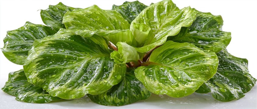 A close-up of dewy green lettuce leaves against a white background &ndash; a refreshing backdrop for healthy eating menus, advertisements for detox programmes and articles on the freshness of produce.
