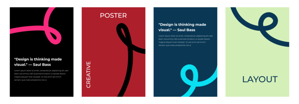Set of four creative poster designs with colorful abstract lines and modern minimalist typography layouts for business branding and artistic presentation templates