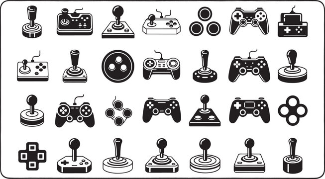 Collection of black and white game controllers and joysticks gamepad retro gaming arcade stick