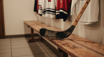 Naklejka premium Old wooden hockey stick rests on bench in locker room with jerseys hanging above. Preparation for winter sport game in arena. Retro athletic equipment detail.