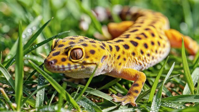 Close up of a Leopard Gecko lizard in lush green grass with dew drops.