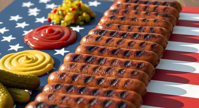 Grilled hot dogs on american flag tablecloth with condiments