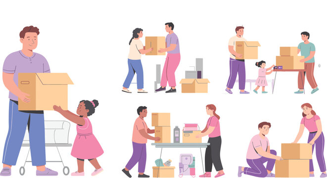 Set of diverse people and families packing cardboard boxes for moving house or donation services for relocation and charity vector design concepts