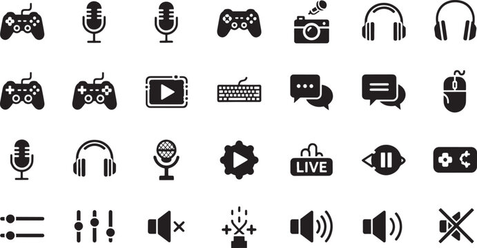 Collection of black for gaming streaming and audio control on white background game controller microphone