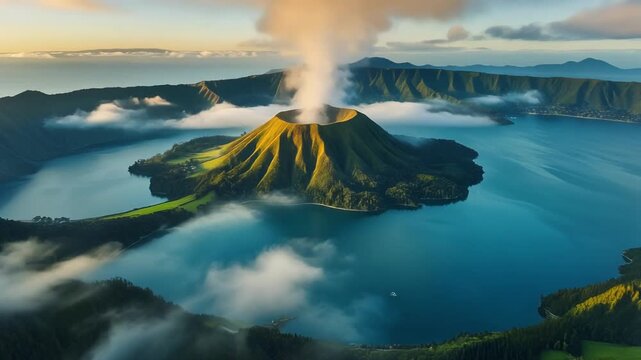 Lake Toba, volcanic lake, aerial view, misty mountains, sunrise, cinematic, ultra realistic
