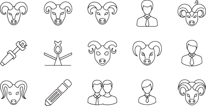 Collection of black line featuring ram heads and human figures sheep head animal zodiac sign Aries