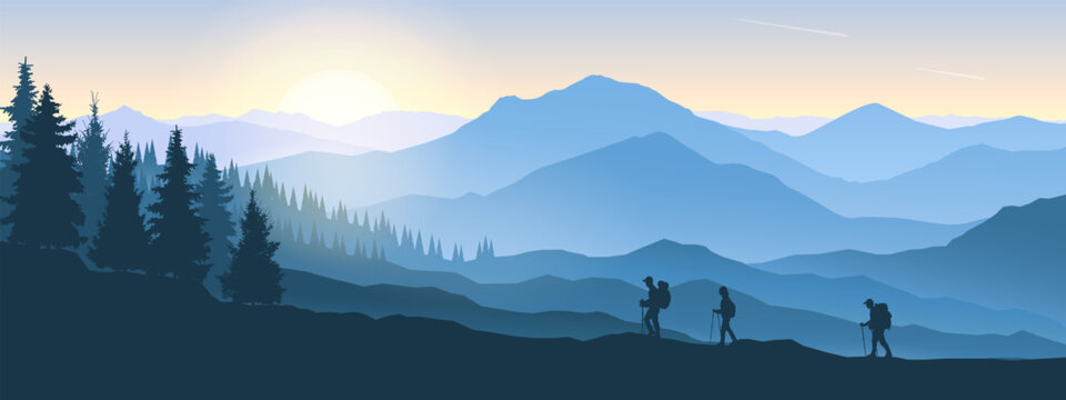 Misty mountain landscape with forest and silhouettes of hikers with backpacks and trekking poles walking in the mountains at sunrise. Vector illustration.