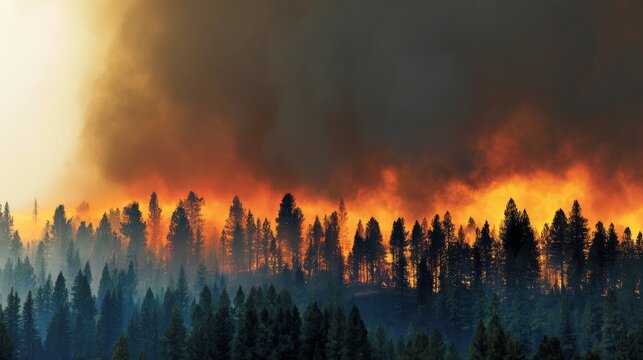 Raging wildfire forest flames smoke burning trees fire disaster blaze heat danger environment crisis climate destruction woodland conifer landscape with glowing orange fireline and thick dark smoke