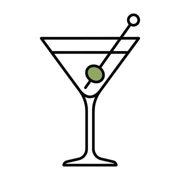 Martini cocktail glass with olive garnish on a stick