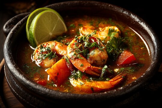 close up of a delicious spicy shrimp stew with tomatoes and fresh herbs served in a traditional rustic clay bowl with lime