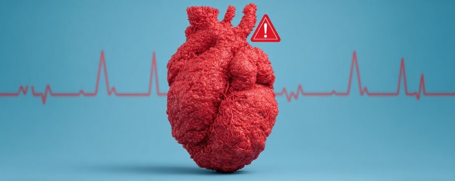 anatomical human heart medical model red warning icon electrocardiogram heartbeat line polycythemia concept clinical cardiovascular monitoring risk visualization healthcare