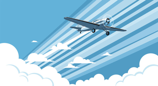 Vintage propeller airplane flying through blue sky with white clouds and dynamic speed lines for travel concept.