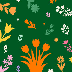 Obraz premium Seamless ditsy floral pattern with colorful flowers on dark green background, Vibrant spring meadow hand-drawn floral vector for nursery wallpaper and fabric, Retro botanical seamless background with 