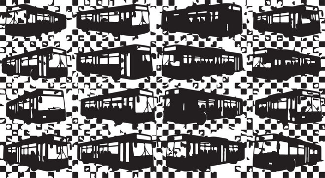 Black, pixelated bus icons, transportation symbols, graphic elements, seamless pattern