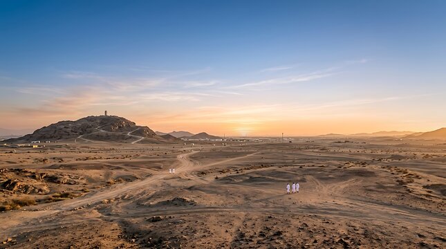Sunset view of Arafat landscape on a day of Arafah from above