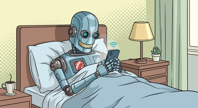 Friendly robot lying in bed under blanket and using smartphone with wifi signal in a cozy bedroom setting.