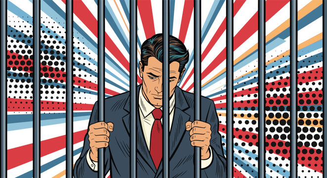 Sad businessman in suit and tie standing behind prison bars with colorful striped background showing regret and guilt.