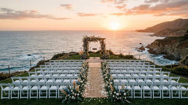 A stunning oceanfront wedding setup, featuring white chairs, a floral arch, and a vibrant sunset reflecting on the waves, creating a romantic atmosphere.