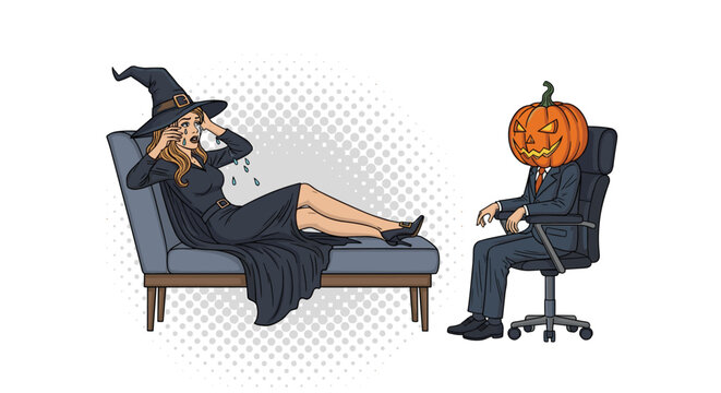 Sad witch crying on therapist sofa while talking to professional psychologist with carved pumpkin instead of human head.