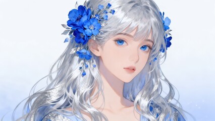 Fototapeta premium Silver haired woman with blue flowers