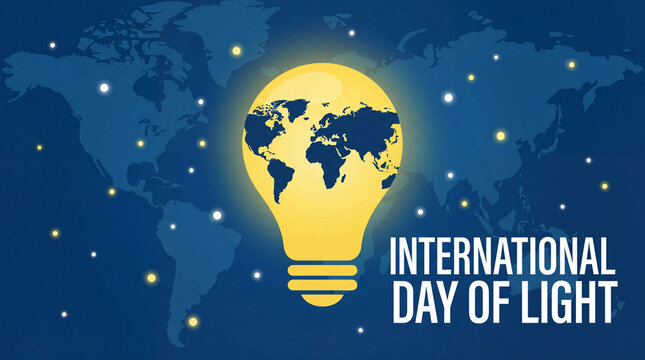 vector graphic, world map inside a glowing yellow lightbulb, 'international day of light' text on blue gradient background, twinkling light particles