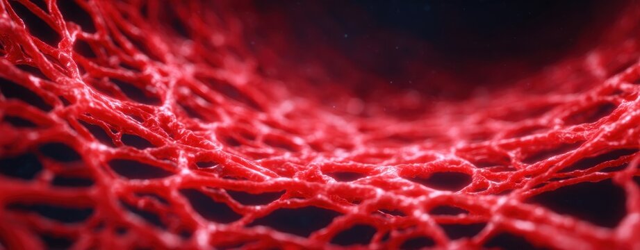 microscopic view of human red blood vessel network or muscle tissue fibers representing biological structure and cellular anatomy concept in medical visualization