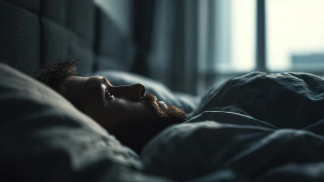 A man with a beard is lying in bed, unable to sleep, surrounded by dim morning light filtering through the window. The atmosphere conveys solitude, introspection, and restless thoughts