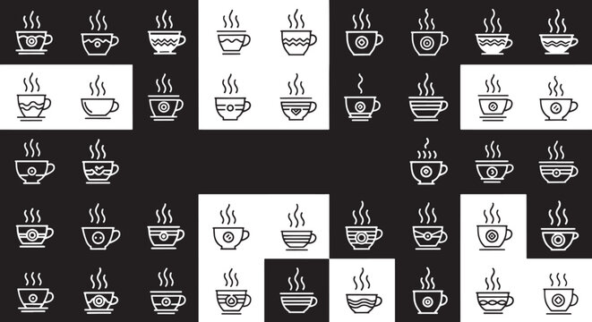 Collection of white line hot coffee cups with steam on black and white backgrounds hot drink beverage