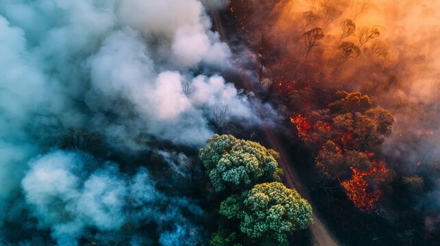 Wildfire fire forest flames smoke burning blaze heat disaster danger inferno environment climate destruction woodland trees dense landscape with orange flames and thick smoke across forest