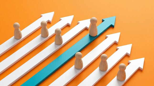 Standing out from the crowd with a unique vision a single wooden figure leads on a blue arrow while others follow white arrows on an orange background symbolizing individuality