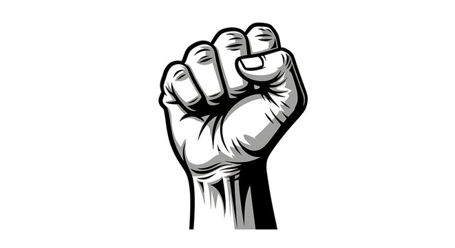 Fist raised in black and white illustration style