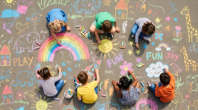 Group of children drawing with colorful chalk on pavement. International Childrens Day celebration. Diverse kids painting rainbow, sun and animal during outdoor summer creative activity.