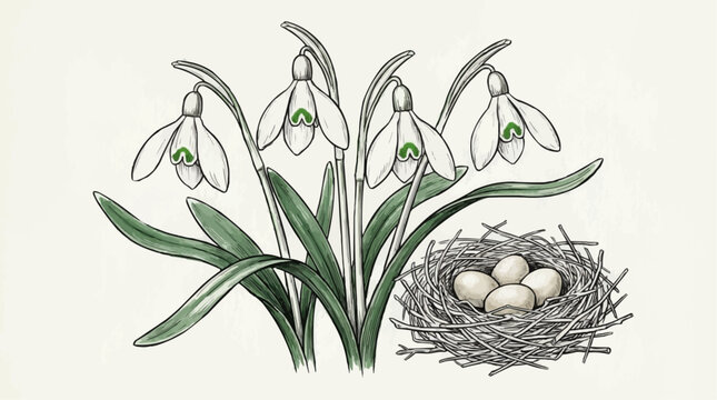 Snowdrop flowers with nesting eggs in a natural spring setting