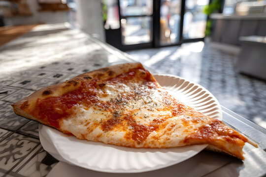 Classic New York Style Pizza Slice Served on Thin Paper Plate in Vibrant Restaurant Setting
