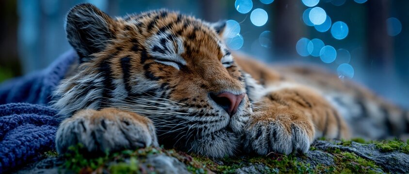 A sleeping tiger cub on moss, with blue bokeh lights in the background &mdash; a magical backdrop for children&rsquo;s books, stories about magical creatures, and themes relating  