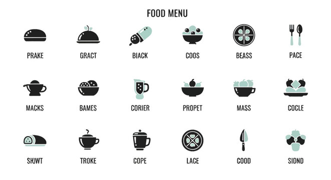 A collection of 20 black and white icons representing various food items and dining elements, arranged in a grid format.