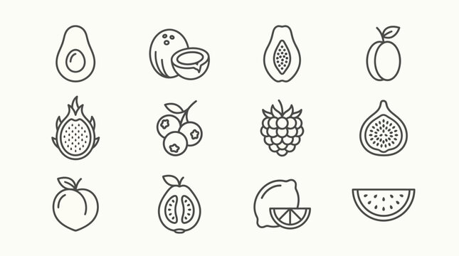 A collection of 12 line art icons representing various fruits, including avocado, coconut, papaya, plum, dragon fruit, blueberries, raspberry, fig, peach, guava, lemon, and watermelon.