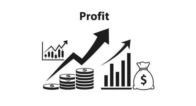 Illustrative graphic depicting the concept of profit growth with rising charts, stacked coins, and a money bag.